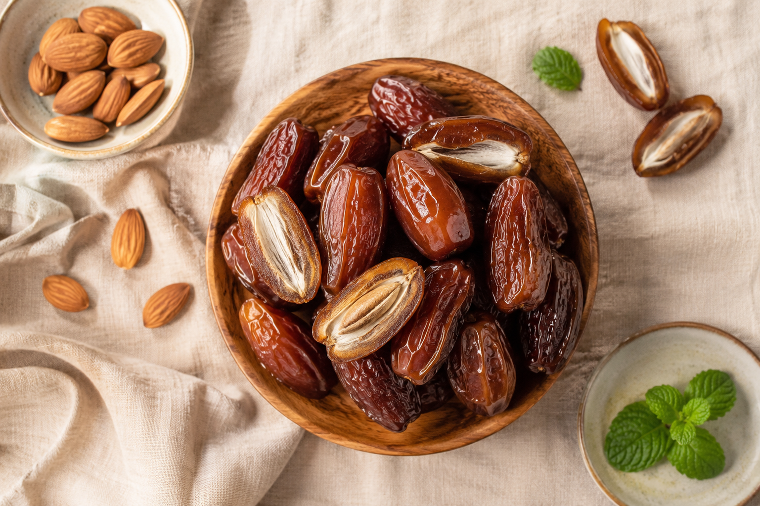 Bowl of fresh dates with nutrition facts showing calories, fiber and vitamins per 100g